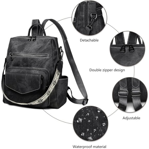 Stylish Women's Convertible Backpack Purse - Water-Resistant Design in Black - Picture 5 of 7